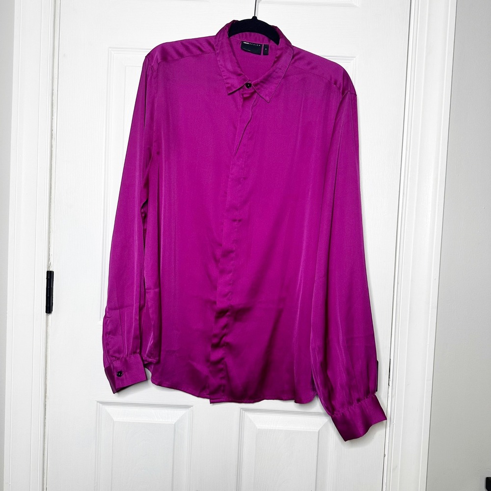 ASOS‎ DESIGN Fuchsia Pink Satin Button Up Shirt Long Sleeve Blouse Size Medium